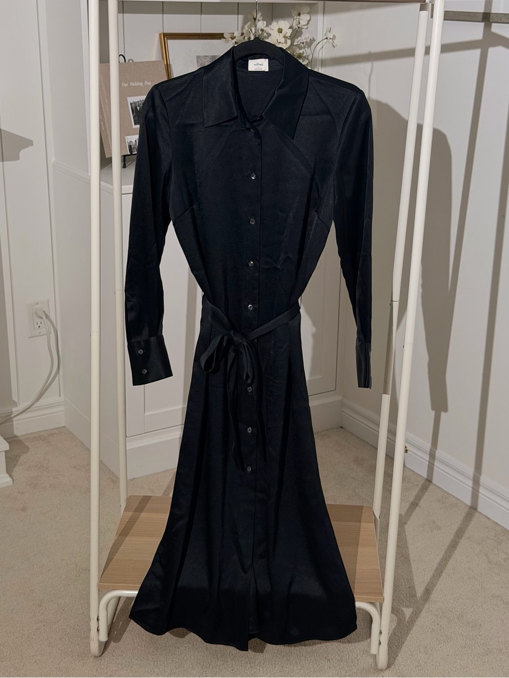 Wilfred Black Long-Sleeve Button Front Shirt Dress with Waist Tie